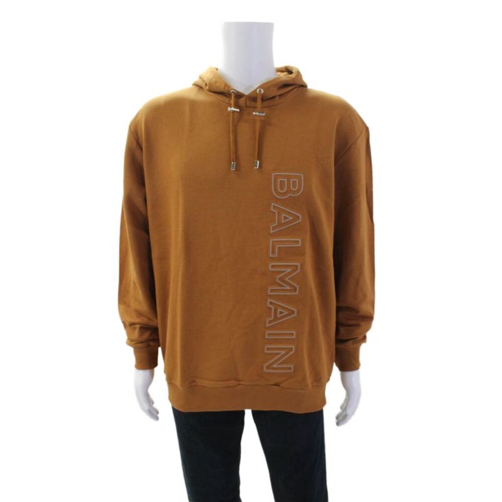 Balmain Men's Hood Long Sleeves Logo-Embossed Cotton Sweatshirt Brown Size S